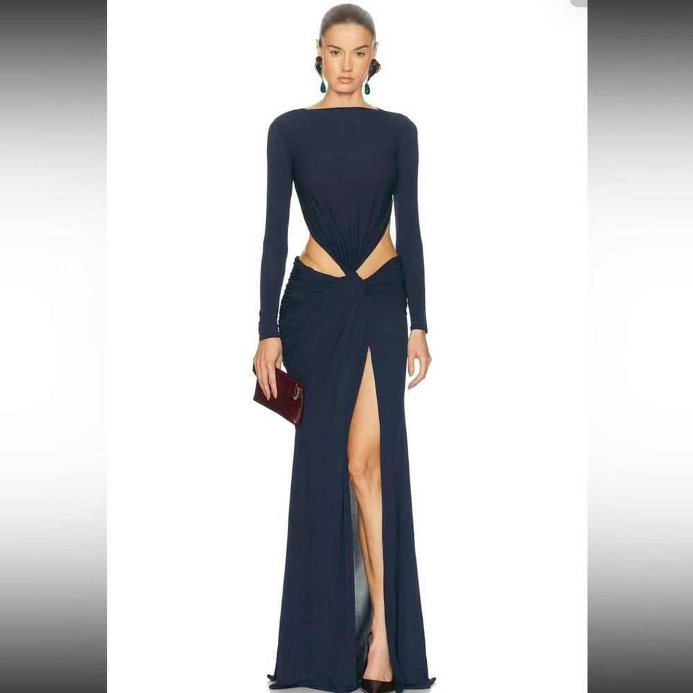 Alex Perry Navy Long-Sleeve Twist Cutout Maxi Dress-RRP$2100